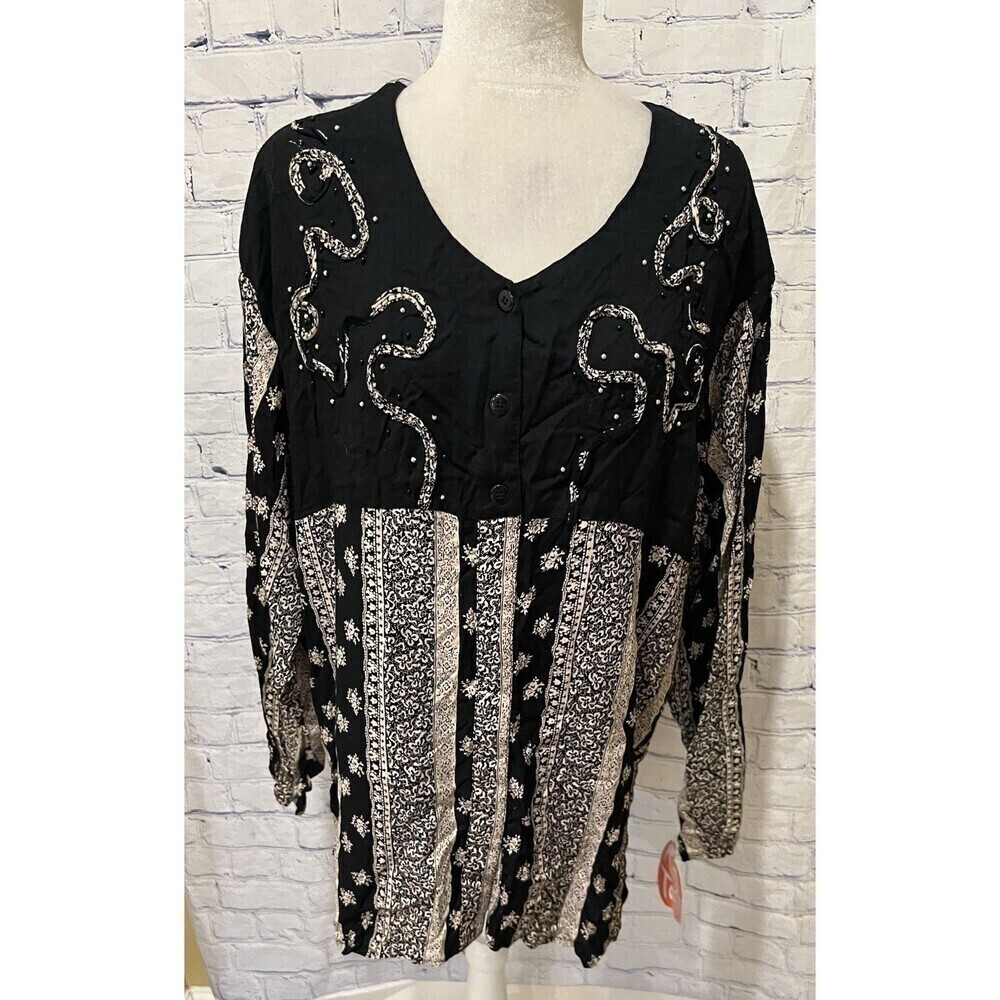 Vintage Rosey Tomato Beaded Top Black And Cream Rayon NWT Plus Size 24